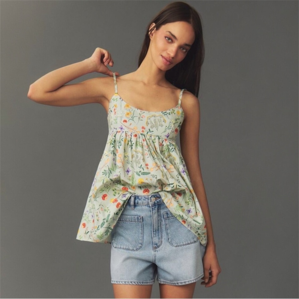 Anthropologie Hutch Floral Smocked Babydoll Sleeveless Tank Top Green Size Large